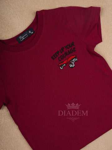 Dark Red Cotton Half Sleeve T-Shirt With Embroidery Designs for Boys - Diadem