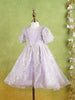 Lavender Net Gown Adorned With Floral Designs and Puff Sleeves - Diadem