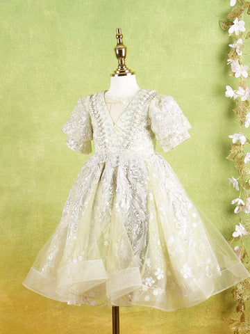 Pista Green Net Gown Adorned With Floral Designs and Puff Sleeves - Diadem