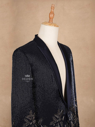 Dark Blue Coat Suit Set with Floral Embroidery - Diadem