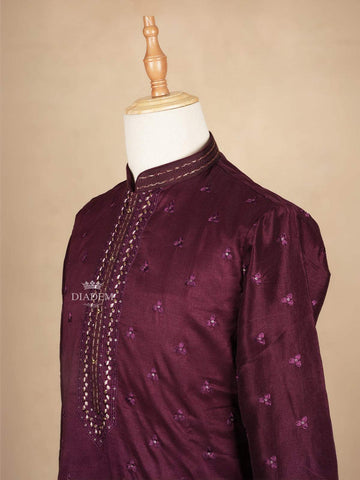 Maroon Kurta Set With Floral Embroidery, With Pant - Diadem