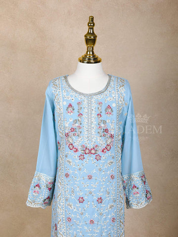 Sky Blue Floral Embroidered Palazzo Salwar Suit for Girls - Diadem