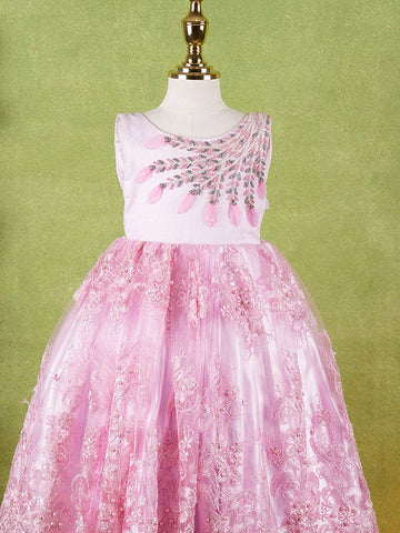 Pink Net Gown Adorned With 3D Flowers and Floral Embroidery - Diadem