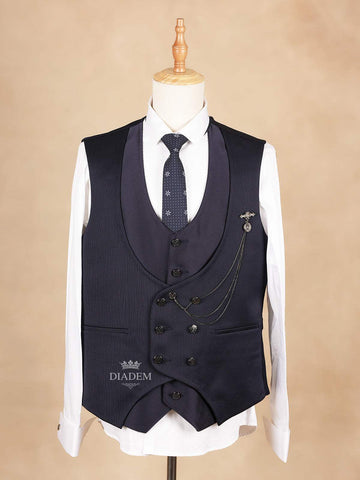Dark Blue Coat Suit Set with Floral Embroidery Designs and Tie - Diadem
