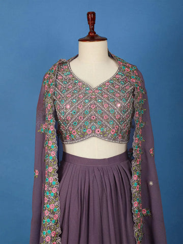 Lavender Floral Embroidery Lehenga - Diadem