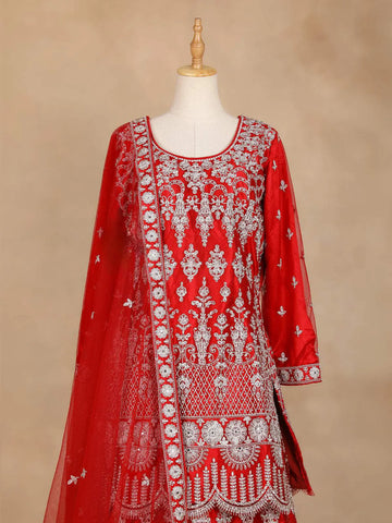 Red Full Sleeve Designer Bridal Lehenga with Floral Embroidery - Diadem
