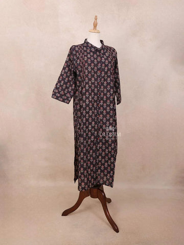 Wine Kurti Top Adorned with Floral Prints Design - Diadem
