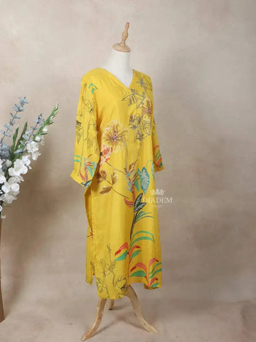 Yellow Crepe Kurti Top Adorned with Sequins and Floral Prints - Diadem