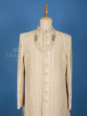 Cream Floral Designed Sherwani Suit - Diadem