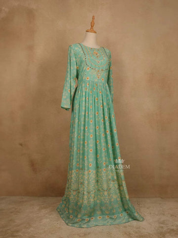 Teal Green Cotton Long Kurti Top Adorned with Sequins and Flower Design Prints without Dupatta - Diadem