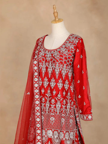 Red Full Sleeve Designer Bridal Lehenga with Floral Embroidery - Diadem