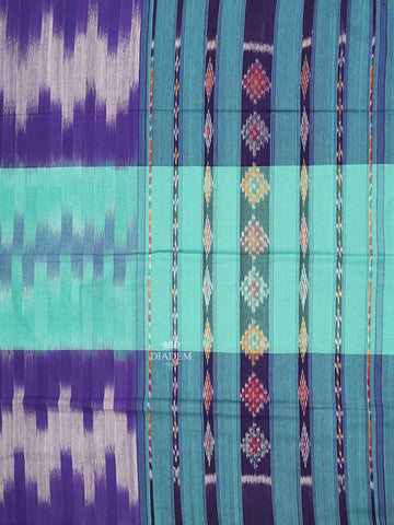 Turquoise Blue Cotton Saree with Geometric Ikat Designs on the Body with Contrast Border - Diadem