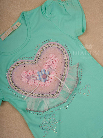 Aqua Blue Cotton Half Sleeve T-Shirt with Floral and Heart designs for Girls - Diadem