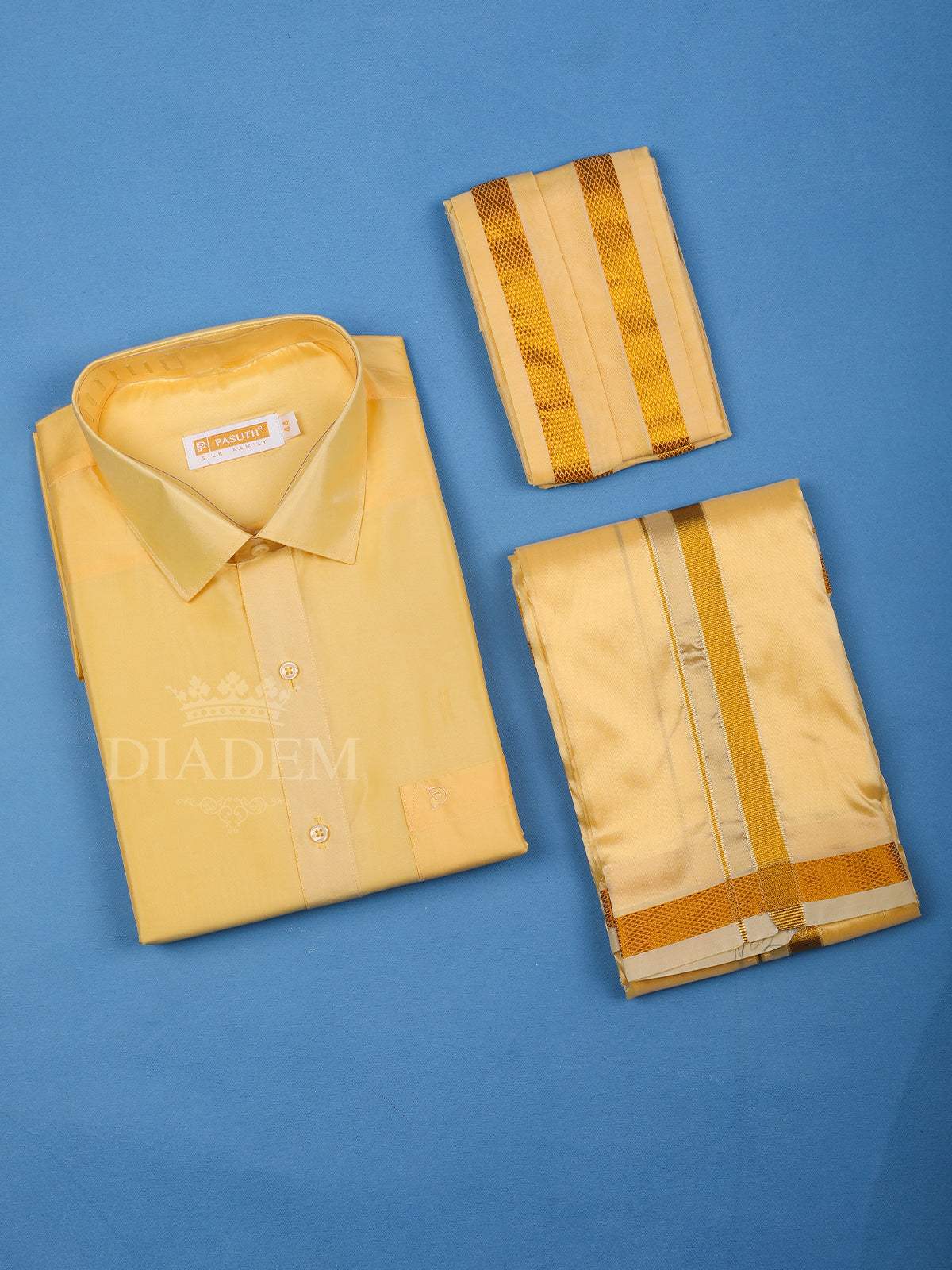 Golden Yellow Plain Semi Silk Full-Sleeve Shirt with Matching Dhoti Set - Diadem