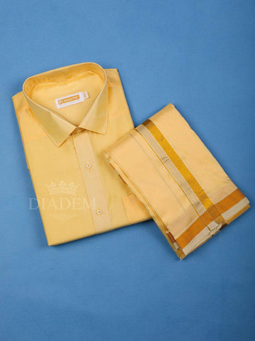 Golden Yellow Plain Semi Silk Full-Sleeve Shirt with Matching Dhoti Set - Diadem