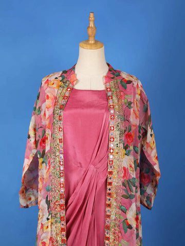 Pink Solid Gown paired with Embroidery Overcoat - Diadem