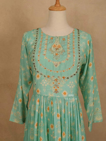 Teal Green Cotton Long Kurti Top Adorned with Sequins and Flower Design Prints without Dupatta - Diadem