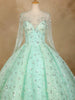 Aqua Green Floral Sequin Embroidered Bridal Reception Net Ball Gown - Diadem