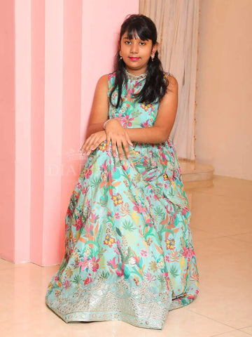 Aqua Green Floral Printed Gown - Diadem