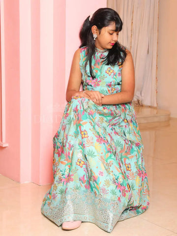 Aqua Green Floral Printed Gown - Diadem