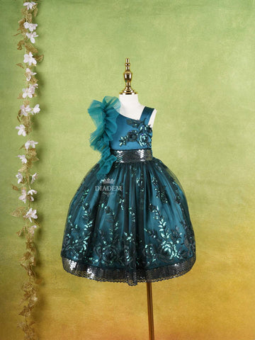 Green Net Layered Gown Adorned With Ruffles And Sequins - Diadem