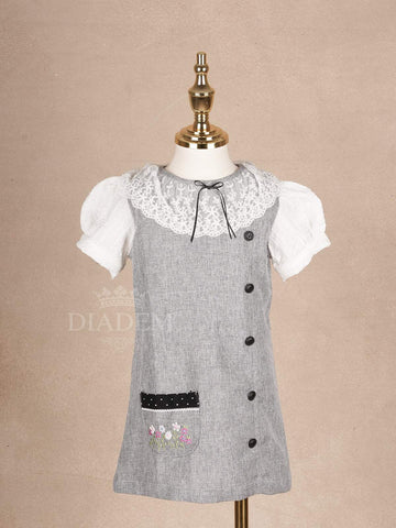 Grey Cotton Frock Adorned with Black Buttons and Peter Pan Collar for Girls - Diadem
