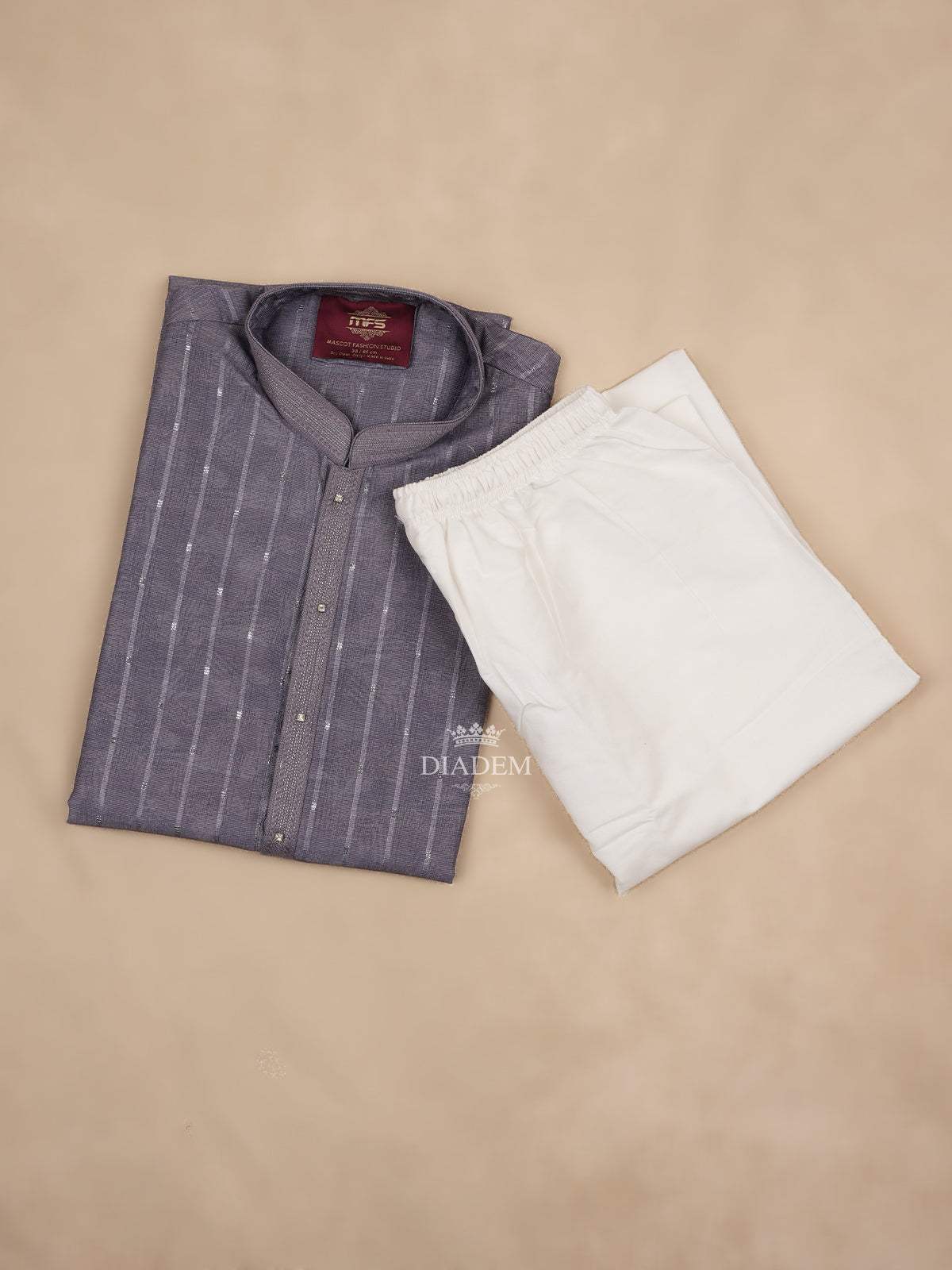 Lavender Kurta Set With Stripes Embroidery Designs, With Pant - Diadem
