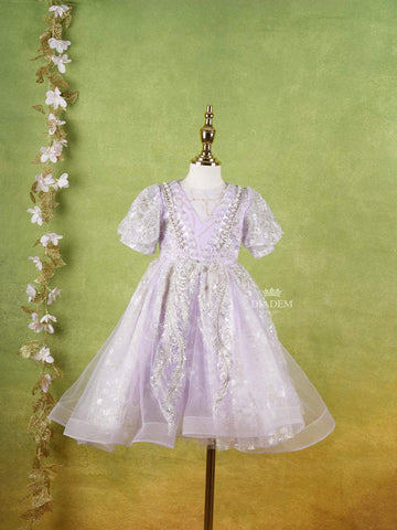 Lavender Net Gown Adorned With Floral Designs and Puff Sleeves - Diadem