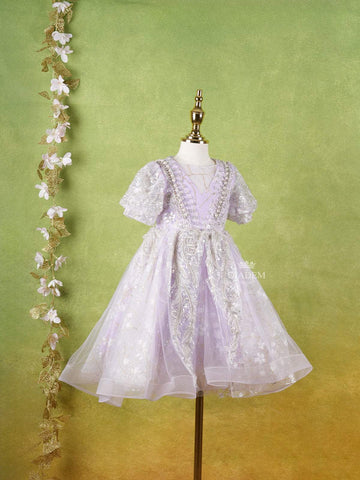 Lavender Net Gown Adorned With Floral Designs and Puff Sleeves - Diadem
