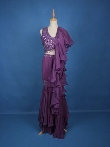 lavender Floral Embroidery Georgette Ready To Wear Saree with Designer Blouse - Diadem