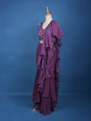 lavender Floral Embroidery Georgette Ready To Wear Saree with Designer Blouse - Diadem