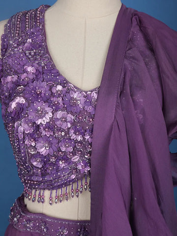 lavender Floral Embroidery Georgette Ready To Wear Saree with Designer Blouse - Diadem