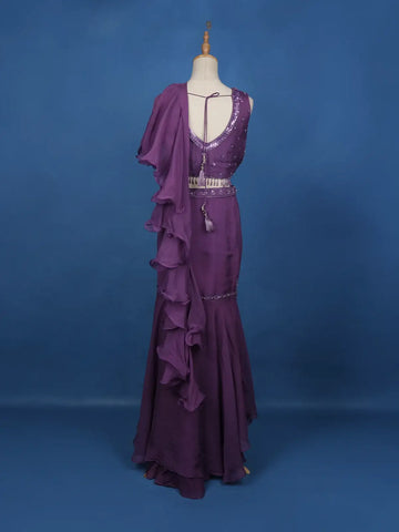 lavender Floral Embroidery Georgette Ready To Wear Saree with Designer Blouse - Diadem