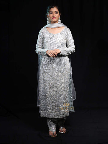 Light Blue Straight Cut Salwar Suit Adorned with Stone and Mirror Floral Design with Dupatta - Diadem