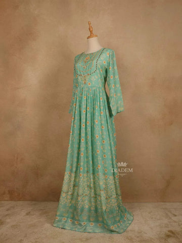 Teal Green Cotton Long Kurti Top Adorned with Sequins and Flower Design Prints without Dupatta - Diadem