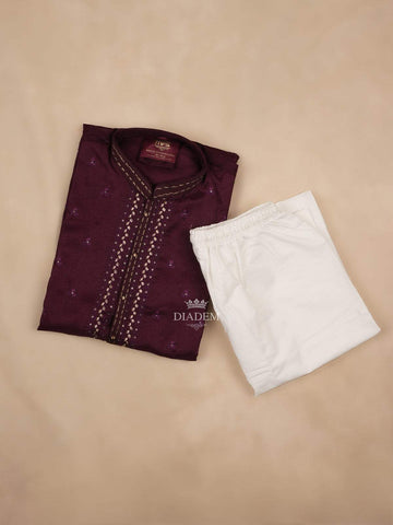 Maroon Kurta Set With Floral Embroidery, With Pant - Diadem