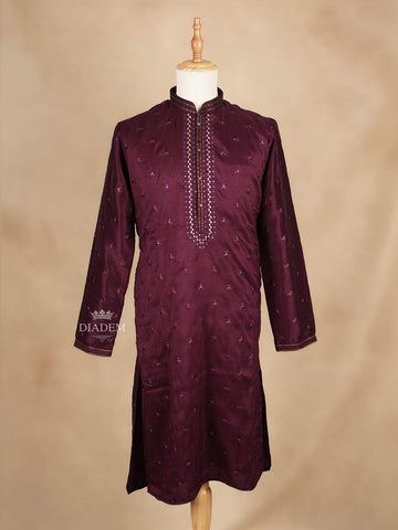 Maroon Kurta Set With Floral Embroidery, With Pant - Diadem