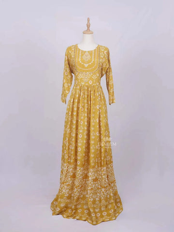 Mustard Yellow Long Kurti with Floral Prints & Mirror Work (No Dupatta) - Diadem