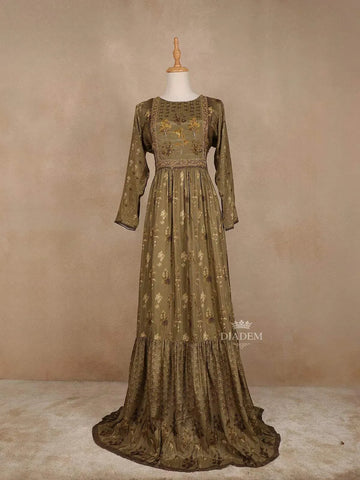 Olive Green Cotton Long Kurti Top Adorned with Sequins and Flower Design Prints without Dupatta - Diadem