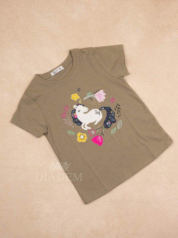 Olive Green Cotton Half Sleeve T-Shirt with Unicorn Designs for Girls - Diadem