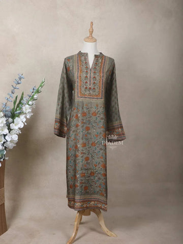 Olive Green Crepe Kurti Top Adorned with Sequins and Floral Prints - Diadem