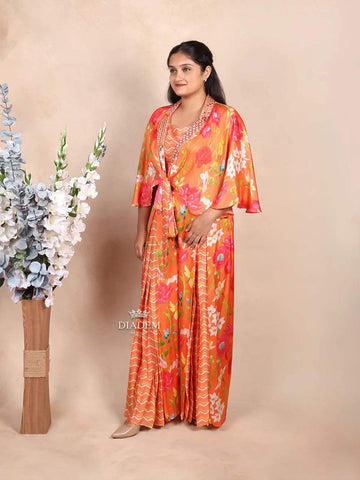 Orange Palazzo Suit Paired with Floral Prints and Embroidery Overcoat - Diadem