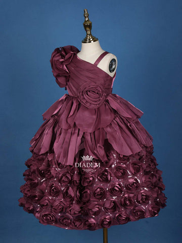 Dark Mauve 3D Floral Designed Organza Party Wear Gown for Girls - Diadem