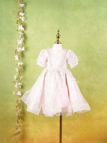 Pale Pink Net Gown Adorned With Floral Designs and Puff Sleeves - Diadem