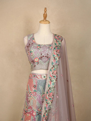 pale Lavender Floral Embroidered Net Lehenga for Bridesmaids - Diadem