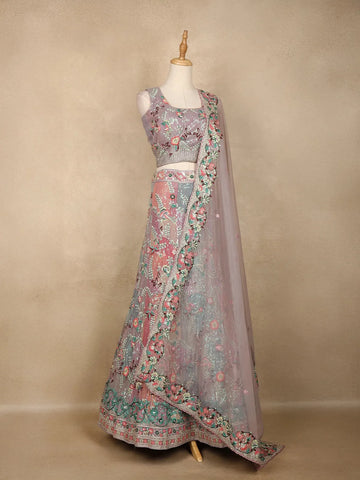 pale Lavender Floral Embroidered Net Lehenga for Bridesmaids - Diadem