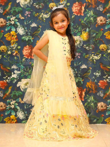 Pastel Yellow Floral Embroidered Lehenga - Diadem