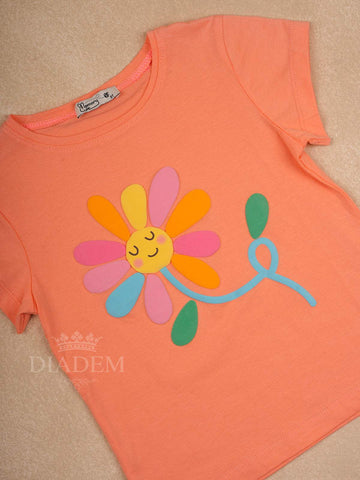 Peach Cotton Half Sleeve T-Shirt with Floral Designs for Girls - Diadem