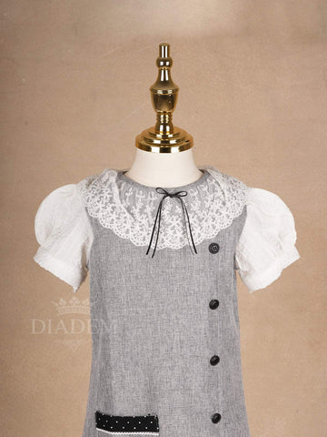 Grey Cotton Frock Adorned with Black Buttons and Peter Pan Collar for Girls - Diadem