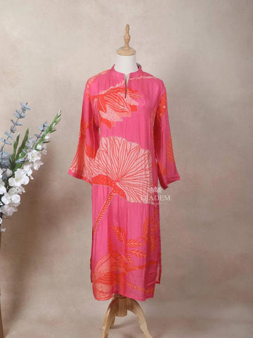 Pink Crepe Kurti Top Adorned with Floral Prints and Full Sleeve - Diadem